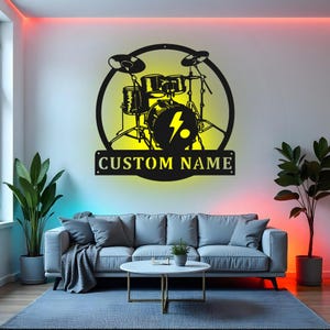 Custom Drummer Sign LED Metal Wall Art, Personalized Musician Gift, Drum Set Decor for Music Room, Band Studio Decor