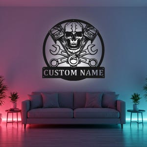 Custom Mechanic Skull Sign LED Metal Wall Art, Personalized Garage Decor, Mechanic Gift for Him, Workshop Wall Decor