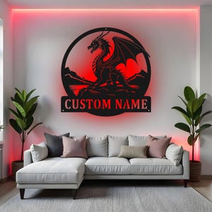 Custom Dragon Sign LED Metal Wall Art, Personalized Dragon Name Decor, Fantasy Dragon Gift, Gamer Room Wall Decor