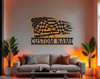 Letrero de carreras personalizado con bandera a cuadros, arte de pared de metal LED, regalo personalizado para corredores, decoración de garaje y cueva de hombre.