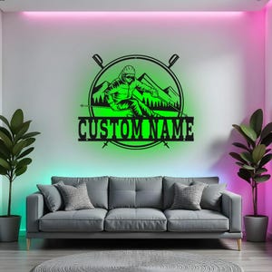 Custom Skiing Sign LED Metal Wall Art, Personalized Skier Decor, Ski Lover Gift, Ski Wall Decor for Cabin, Mountain Home Art