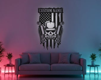 Custom Truck Driver Sign LED Metal Wall Art, Personalized Trucker Gift, Skull American Flag Decor, Trucking Man Cave Sign