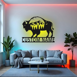 Custom Bison Sign LED Metal Wall Art, Personalized Buffalo Decor, Wildlife Mountain Scene, Rustic Cabin Gift, Nature Lover Wall Decor