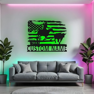 Custom Rodeo Cowboy Sign LED Metal Wall Art, Personalized Cowboy Decor, Western Ranch Gift, Rodeo Themed Room Decor