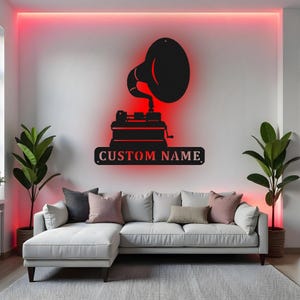 Custom Phonograph Sign LED Metal Wall Art, Personalized Record Player Decor, Gramophone Music Gift, Vintage Home Decoration