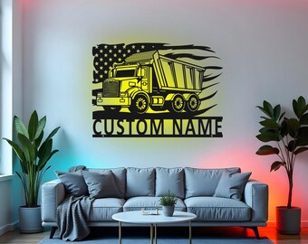 Custom Dump Truck Sign LED Metal Wall Art, Personalized Trucker Gift, Boys Room Decor, Construction Nursery Sign