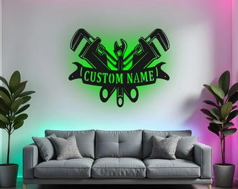 カスタム配管工サイン LEDメタルウォールアート、パーソナライズ配管装飾、配管工ギフトアイデア、ワークショップガレージサイン