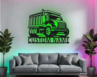 Custom Dump Truck Sign LED Metal Wall Art, Personalized Trucker Gift, Boys Room Decor, Construction Nursery Sign
