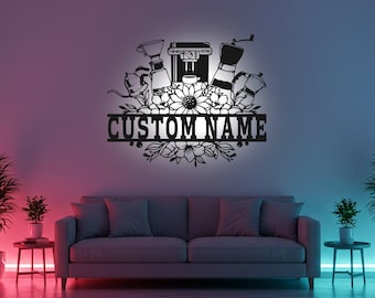 Custom Coffee Shop Sign LED Metal Wall Art, Personalized Coffee Bar Decor, Cafe Owner Gift, Coffee Lover Kitchen Sign