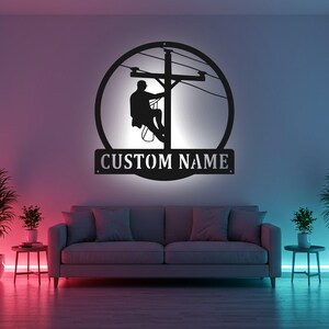 Custom Lineman Sign LED Metal Wall Art, Personalized Electrician Gift, Lineman Decor for Man Cave, Utility Worker Gift