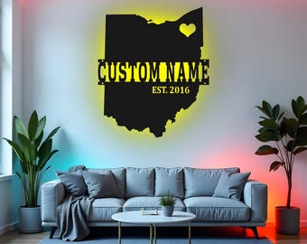 Custom Ohio Sign LED Metal Wall Art, Personalized State Map Decor, Ohio Home Gift, Living Room Wall Decor