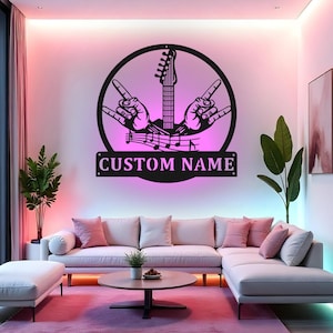 Custom Rock And Roll Sign LED Metal Wall Art, Personalized Music Decor, Guitar Gift for Musician, Band Room Decor