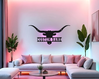 Custom Longhorn Sign LED Metal Wall Art, Personalized Cattle Ranch Decor, Farmhouse Wall Decor, Western Gift Idea