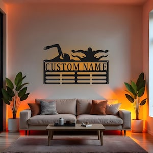 Custom Swimming Sign LED Metal Wall Art, Personalized Medal Holder for Swimmers, Swimming Award Display Gift