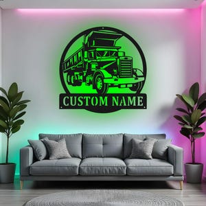 Custom Dump Truck Sign LED Metal Wall Art, Personalized Trucker Name Decor, Kids Room Wall Decor, Construction Gift