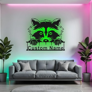 Custom Raccoon Sign LED Metal Wall Art, Personalized Animal Decor, Raccoon Nursery Name Decoration, Wildlife Gift for Kids