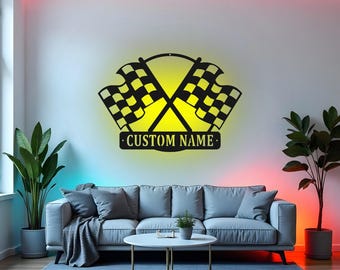 Letrero de bandera de carreras personalizado, arte de pared de metal LED, decoración personalizada con nombre de corredor, regalo para piloto de carreras, decoración de garaje o cueva de hombre