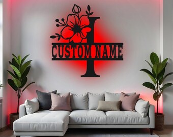 Custom I Letter Monogram Floral Alphabet LED Metal Wall Art, Personalized Family Name Letter Decor, Monogram Initial Home Accent