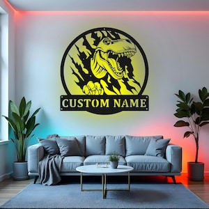 Custom Dinosaur Sign LED Metal Wall Art, Personalized T-Rex Name Decor for Kids Room, Jurassic Nursery Gift