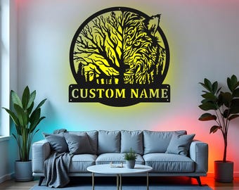 Custom Wolf Moon Sign LED Metal Wall Art, Personalized Wolf Name Decor, Wildlife Home Decoration, Wolf Lover Gift Idea