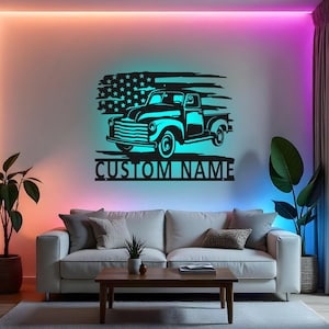 Letrero de camión vintage personalizado, arte de pared de metal LED, regalo personalizado para camionero, decoración retro para garaje, cueva de hombre