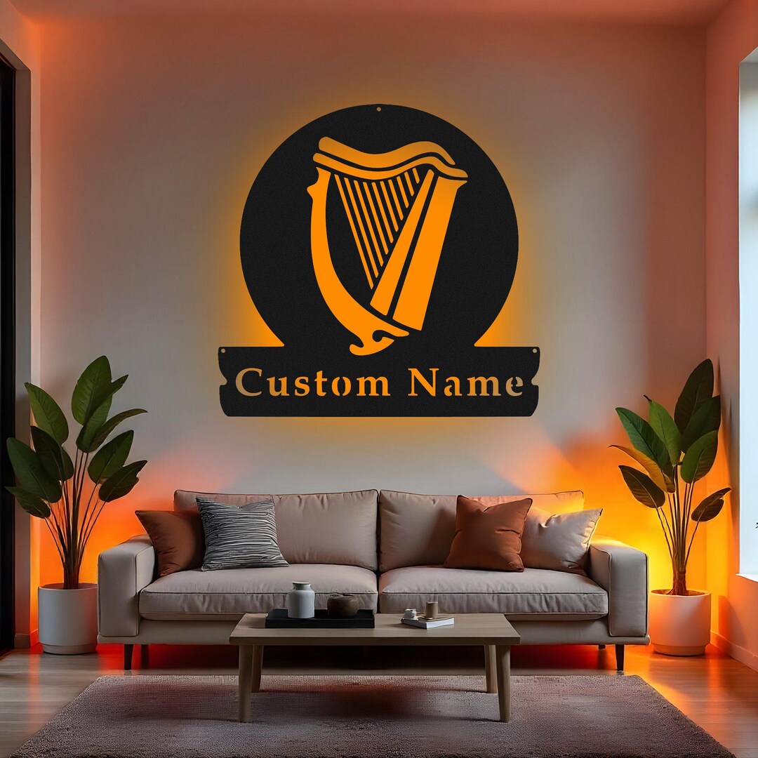 Custom Celtic Harp LED Metal Wall Art, Personalized Irish Harp Decor ...