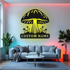 Custom Mushroom Sign LED Metal Wall Art, Personalized Garden Decor, Mushroom Room Decoration, Nature Lover Gift