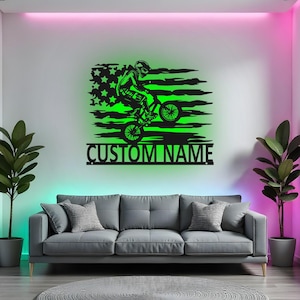 Arte de pared de metal LED de carreras de bicicletas personalizado, decoración personalizada de ciclista de BMX, regalo de ciclismo para ciclistas, decoración de habitación de bicicletas