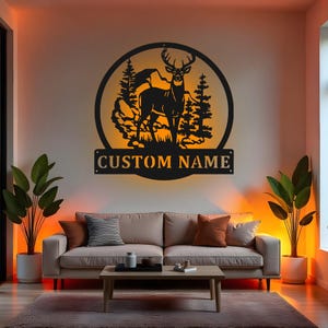 Custom Deer Sign LED Metal Wall Art, Personalized Hunter Gift, Deer Hunting Decor for Cabin, Mountain Scene Metal Wall Art