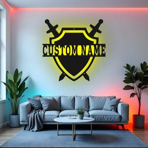 Custom Medieval Shield Sign LED Metal Wall Art, Personalized Knight Decor, Gamer Room Wall Decoration, Gift for Him