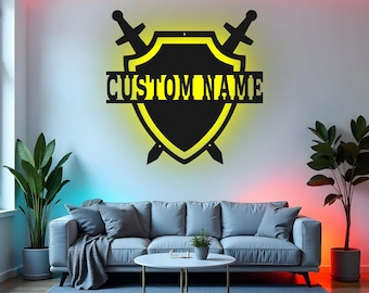 Custom Medieval Shield Sign LED Metal Wall Art, Personalized Knight Decor, Gamer Room Wall Decoration, Gift for Him