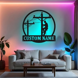 Custom Lineman Sign LED Metal Wall Art, Personalized Name Sign, Electrician Gift, Power Lineman Decor, Man Cave Lighting