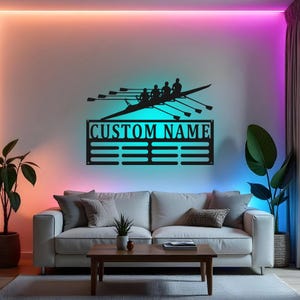 Custom Rowing Sign LED Metal Wall Art, Personalized Medal Holder Display, Crew Team Gift, Rower Award Decor