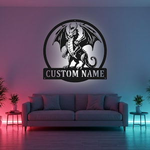 Custom Dragon Sign LED Metal Wall Art, Personalized Dragon Name Decor, Fantasy Room Decor, Gift for Gamer, Kids Room Sign