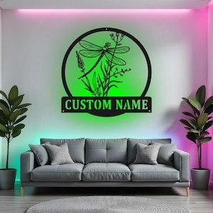 Custom Dragonfly Sign LED Metal Wall Art, Personalized Name Decor, Dragonfly Garden Wall Decor, Nature Gift for Mom