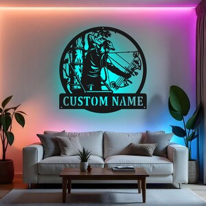 Custom Bow Hunter Sign LED Metal Wall Art, Personalized Archery Decor, Hunting Gift for Hunter, Man Cave Wall Decor