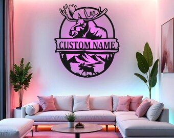 Custom Moose Sign LED Metal Wall Art, Personalized Wildlife Decor, Rustic Cabin Decoration, Gift for Hunter