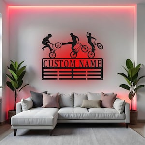 Custom BMX Sign LED Metal Wall Art, Personalized Bicycle Motocross Medal Holder, Cyclist Gift, BMX Medal Display
