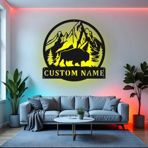 Custom Bison Sign LED Metal Wall Art, Personalized Wildlife Decor, Mountain Buffalo Metal Wall Art, Rustic Cabin Gift