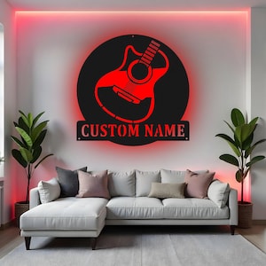 Custom Guitar Sign LED Metal Wall Art, Personalized Guitarist Decor, Musician Gift, Guitar Lover Room Decoration