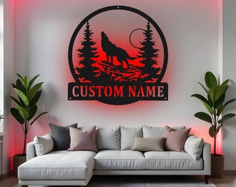 Custom Wolf Sign LED Metal Wall Art, Personalized Wolf Name Decor, Wildlife Wall Decor, Nature Lover Gift, Cabin Room Decoration
