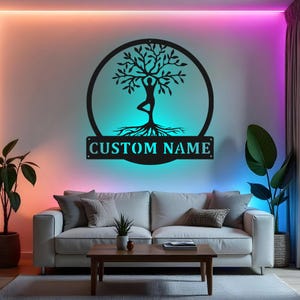 Custom Yoga Tree of Life Sign LED Metal Wall Art, Personalized Yoga Gift, Yoga Studio Decor, Yoga Lover Room Sign