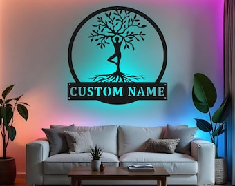 Letrero de árbol de la vida de yoga personalizado, arte de pared de metal LED, regalo de yoga personalizado, decoración de estudio de yoga, letrero para habitación de amantes del yoga