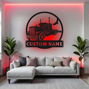 Custom Semi Truck Sign LED Metal Wall Art, Personalized Trucker Gift, Semi Truck Decor for Man Cave, Truck Driver Gift Idea