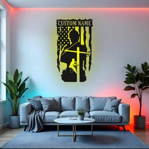Custom Lineman Sign LED Metal Wall Art, Personalized Lineman Gift, American Flag Metal Wall Art Decor, Lineman Man Cave Sign