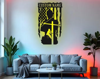 Custom Lineman Sign LED Metal Wall Art, Personalized Lineman Gift, American Flag Metal Wall Art Decor, Lineman Man Cave Sign