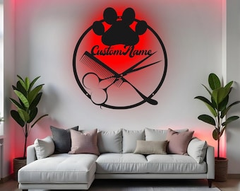 Custom Dog Grooming Sign LED Metal Wall Art, Personalized Pet Groomer Salon Decor, Pet Barber Shop Gift