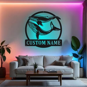 Custom Blue Whale Sign LED Metal Wall Art, Personalized Whale Decor, Ocean Theme Nursery Wall Decor, Sea Life Gift for Kids Room