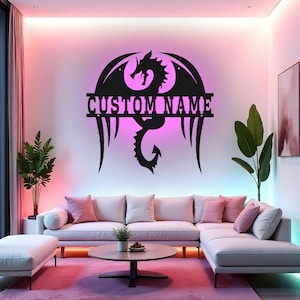Custom Dragon Sign LED Metal Wall Art, Personalized Dragon Name Decor, Fantasy Dragon Wall Hanging, Gamer Gift, Room Decor