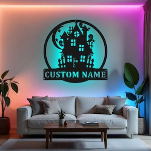 Custom spookhuisbord led metalen muurkunst, gepersonaliseerd halloweendecor, bord spookachtige familienaam, kamerdecoratie halloween